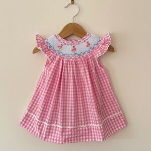 SMOCKINGBIRD EUC Hand Smocked Flamingo Gingham Flutter Sleeve Summer Dress